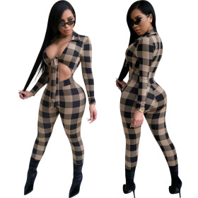 Sexy Tie Bust Grid Printed Sexy Jumpsuits OFN6148