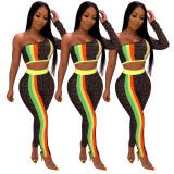 Oblique Shoulder Crop Top Pencil Pants Colors Patchwork Sets AA5103