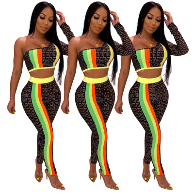 Oblique Shoulder Crop Top Pencil Pants Colors Patchwork Sets AA5103