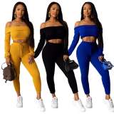 Ribber Casual Pure Color Sets Flat Shoulder Crop Top Pencil Pants HR8095