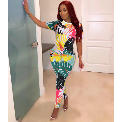Trendy Colorful Short Sleeves Printing Bodycon Jumpsuit YYF8044