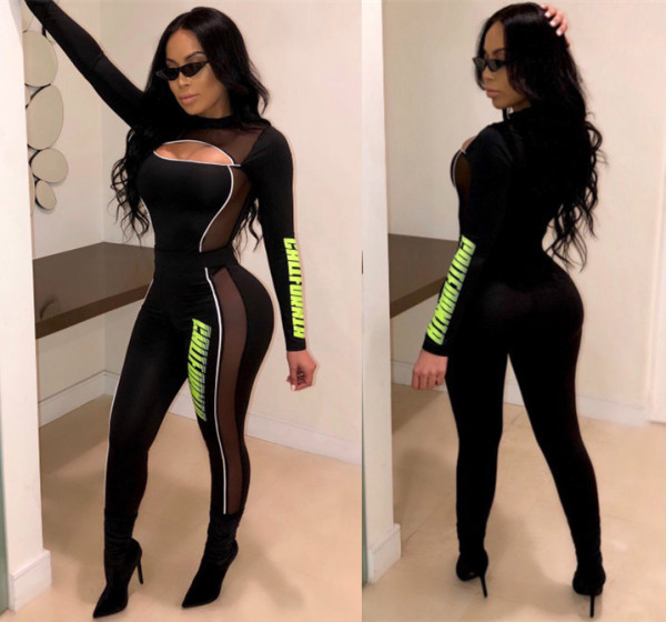 Sexy Hollow Out Mesh Splicing Offset Print Bodycon Jumpsuit D8235
