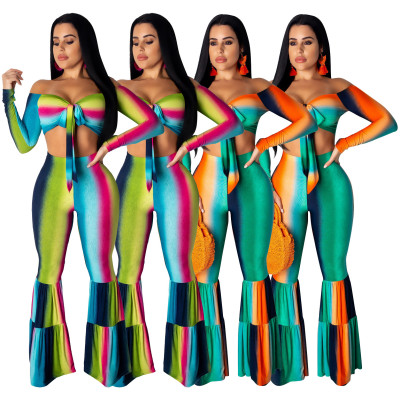 Women Off Shoulder Tied Crop Top Colorful Flared Pants SDD9127