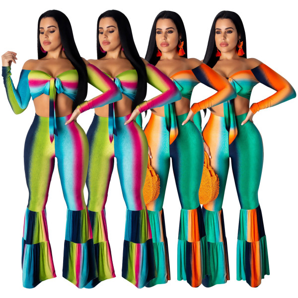 Women Off Shoulder Tied Crop Top Colorful Flared Pants SDD9127