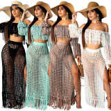 Hollow Out Tassel Mesh Suits Off Shoulder Top+Split Dress SN3554