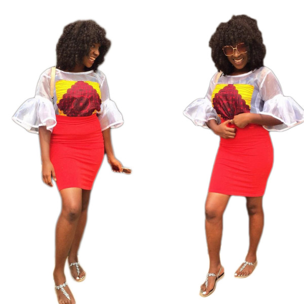 Mesh Flared Sleeves Printing Top Women Red Wrap Skirts C2015