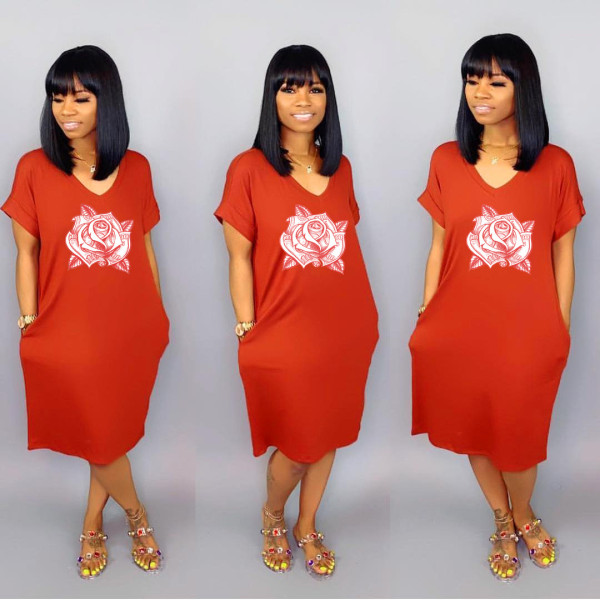 Short Sleeves Flower Print Loose Dress For Lady SDD9121