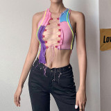 Women's contrast color straps sexy hollow short slim vest women YME1737794