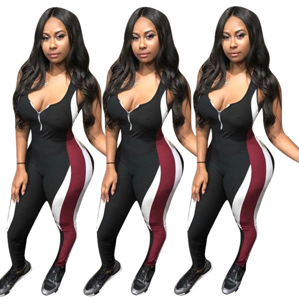 Newest Color Patchwork Zipper Sleeveless Bodycon Jumpsuit ED8030
