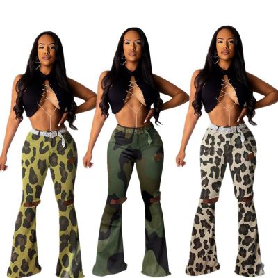 Online Sale Oversize Mid Waist Hole Printing Flares Pants MF5111