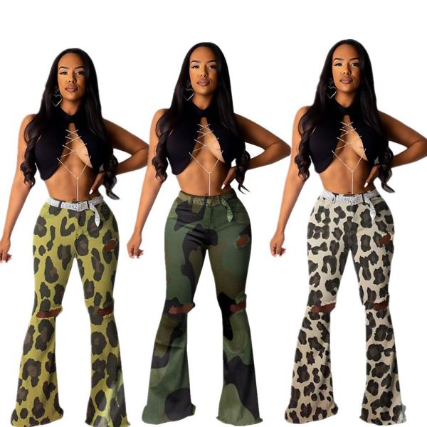 Online Sale Oversize Mid Waist Hole Printing Flares Pants MF5111