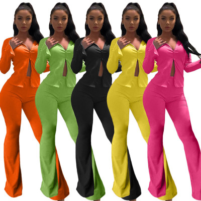 Fashion and leisure new style split sleeve tight flared pants two-piece suit HHM6336