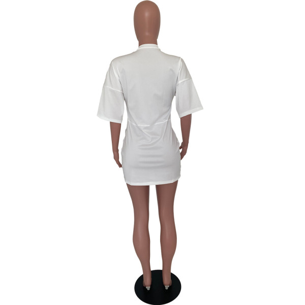 Sexy Lips Printed Round Neck Short Sleeves Drawstring Mini Dress LJ6016