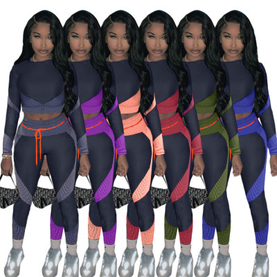 Sports Contrast Striped Printed Round Neck Long Sleeves Mini Top With Trousers Two Piece Set ZH5267