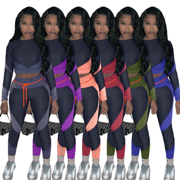 Sports Contrast Striped Printed Round Neck Long Sleeves Mini Top With Trousers Two Piece Set ZH5267