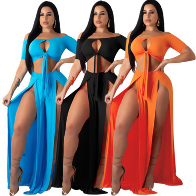 Women Off Shoulder Crop Top High Split Long Solid Skirt E8397