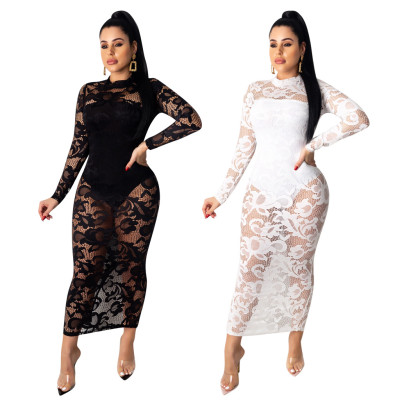 Lace Perspective Ankle Length Dress+Pure Color Slim Underwear QQM3931