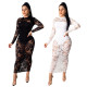 Lace Perspective Ankle Length Dress+Pure Color Slim Underwear QQM3931