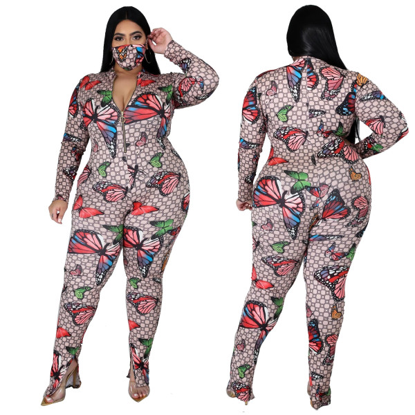 Oversized fat woman stretch digital print jumpsuit SJ3308