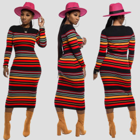 Winter Striped Bodycon Long Sleeves Anke Fashion Dress SDD9187