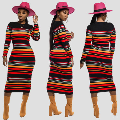 Winter Striped Bodycon Long Sleeves Anke Fashion Dress SDD9187
