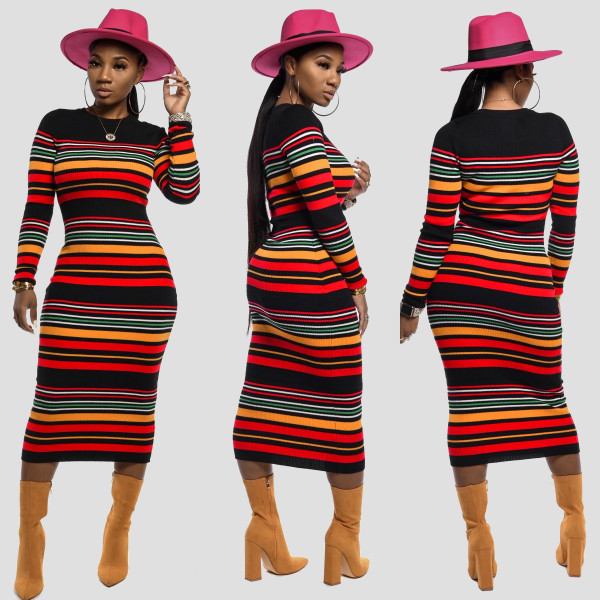 Winter Striped Bodycon Long Sleeves Anke Fashion Dress SDD9187