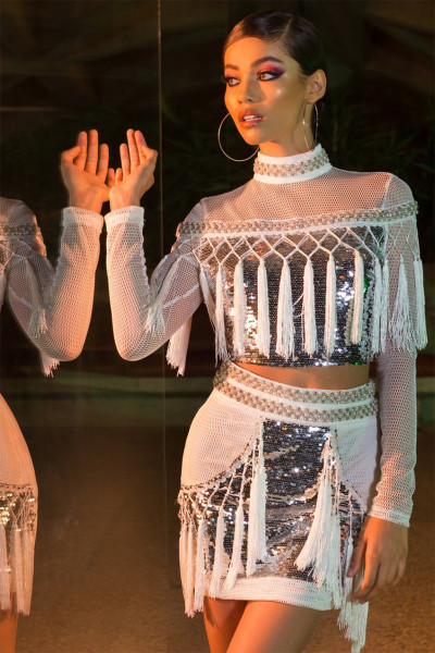 Nightclub net sequin fringed skirt two-piece set CCY8112