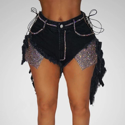 Nightclub sexy bandage jeans black denim shorts women CJ907