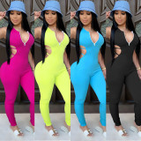 Sexy Zipper V-Neck Backless Solid Color Bodycon Jumpsuit XZ3604