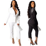 Office Ladies White/Black Bodycon 2 Pieces Outfits With Tassel TRS971