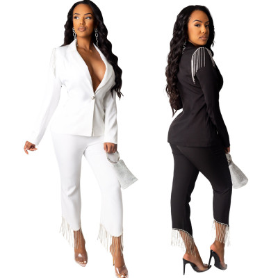 Office Ladies White/Black Bodycon 2 Pieces Outfits With Tassel TRS971