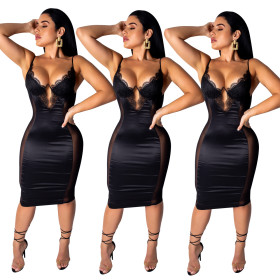 Explosive Sexy Lace Patchwork Mesh Condole Belt Dress CY1135