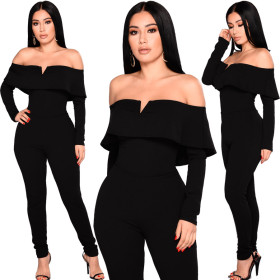Wholesale Black A Word Shoulder Tight Jumpsuit DN8056