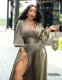 Popular Ladies High Waist Split V Neck Shiny Long Dress XHX899