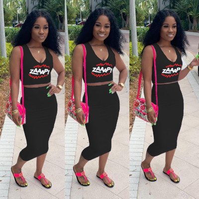 Factory Price Lady Sets Letters Print Tank Top Bodycon Mid Skirt SDD9130
