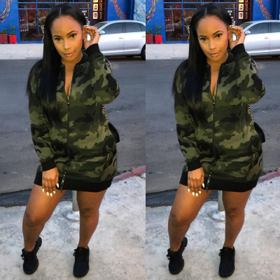Camouflage Print T Shirt Dress Long Sleeves OMM1029