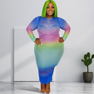 Colorful striped mesh print autumn long section large size dress PT002