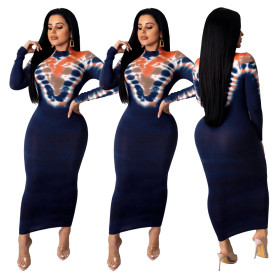 Women Party Tie Dye Print Zipper Bodycon Club Ankle Length Dress JH140