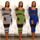 Leisure Bodycon Mesh Splicing Long Sleeves Striped Dress HH8889