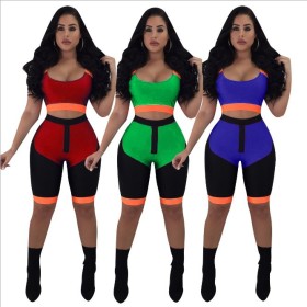 Sexy supermodel 3 color contrast zipper two-piece suit ZH1059