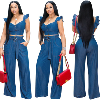 Office Ladies Blue Outfits Ruffle Bodycon Top Wide Leg Jumpsuit M915
