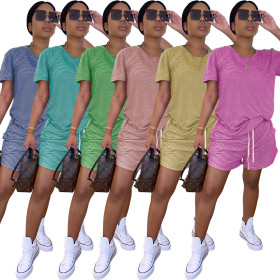 Fashion casual round neck short sleeve striped printed top and shorts two-piece suit WY6708