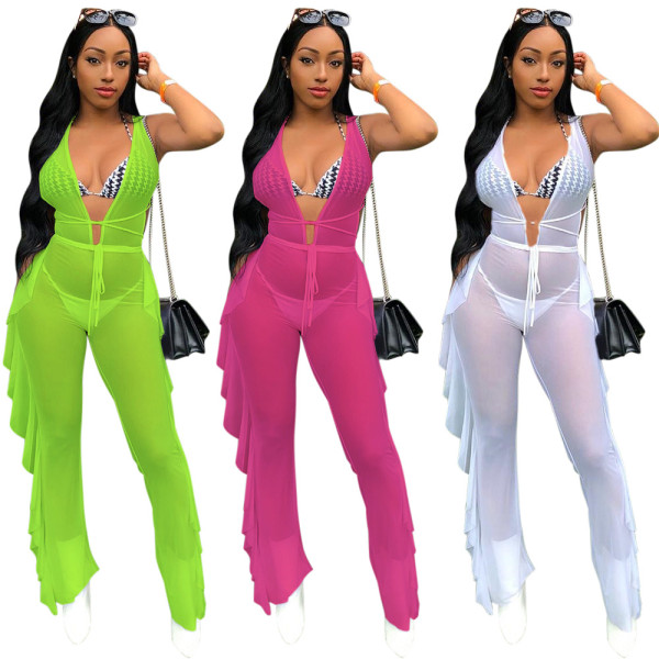 Lady Bandage Solid Color Deep V Collar Ruffle Jumpsuit MD220