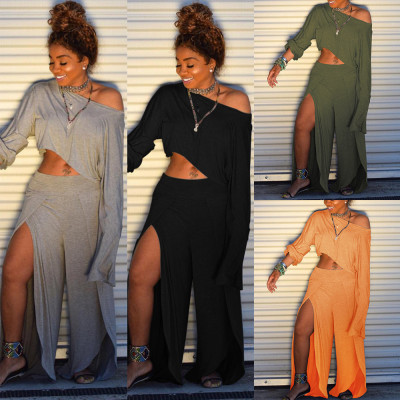 Solid Long Sleeves Tops Wide Leg Pants Sets K8747