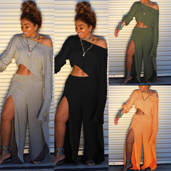Solid Long Sleeves Tops Wide Leg Pants Sets K8747