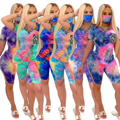 Casual Coloring V-Neck Short Sleeves T-Shirt With Shorts Teo Piece Set (Including Mask) QZ6096