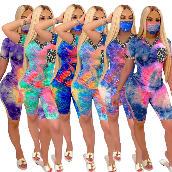 Casual Coloring V-Neck Short Sleeves T-Shirt With Shorts Teo Piece Set (Including Mask) QZ6096