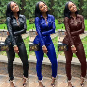 Cool PU Leather Shirt Skinny Pants Sets LD8226