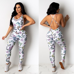 Butterfly Print Slim Backless Sling Jumpsuit KA7082