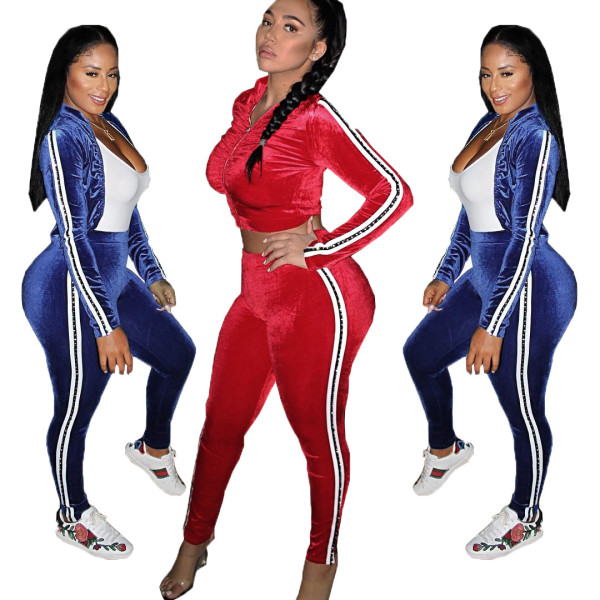 Pleuche Running Suits Crop Coat Elastic Skinny Pants OMY5038